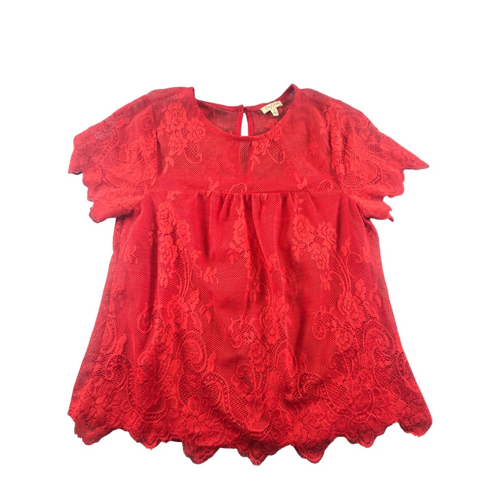 Lily White Red Floral Lace Babydoll Top Short Sleeve Scallop Hem Blouse Medium